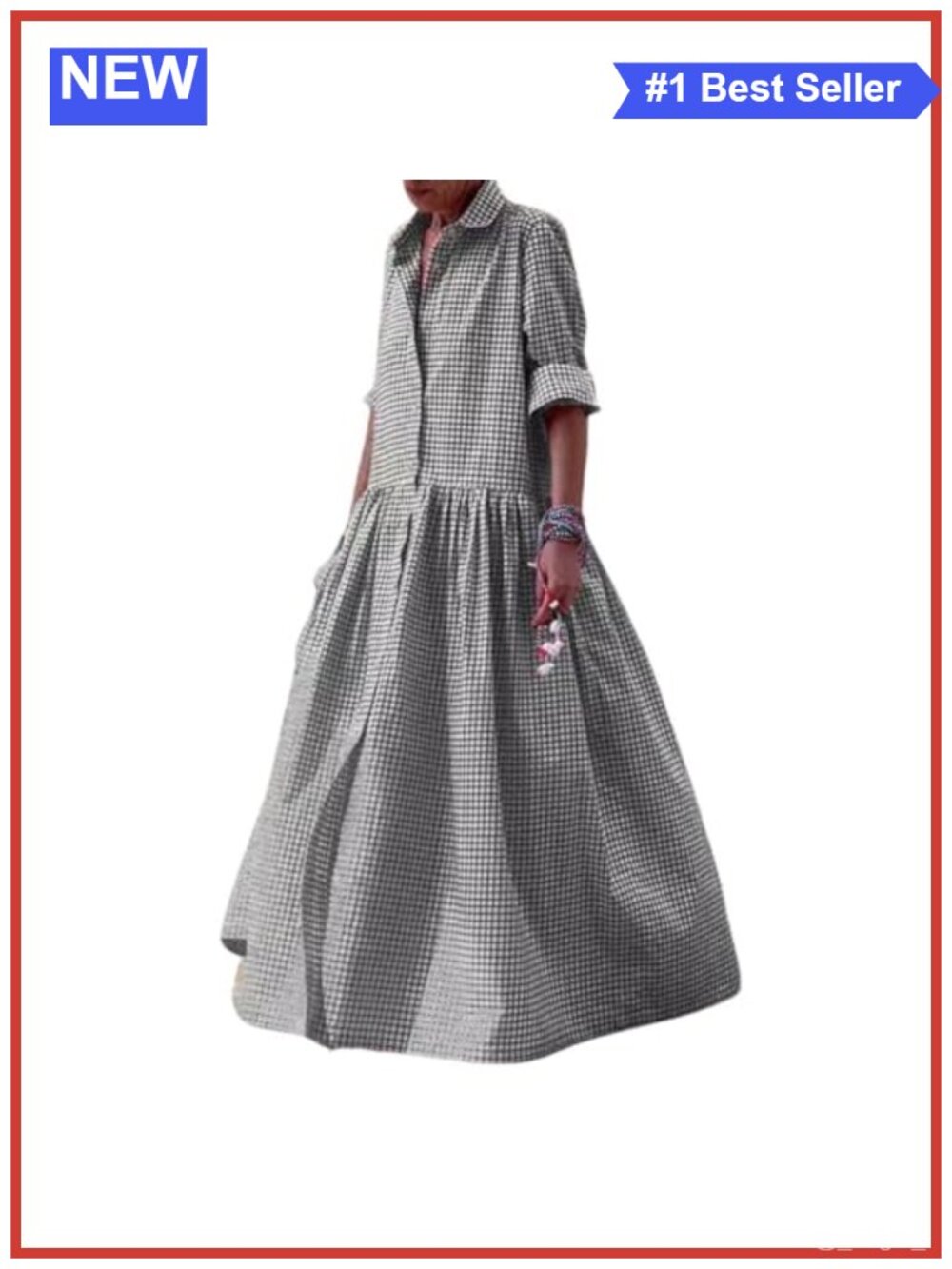 Women's Plaid Long Sleeve Button Down Maxi Shirt Dress Cotton Swing